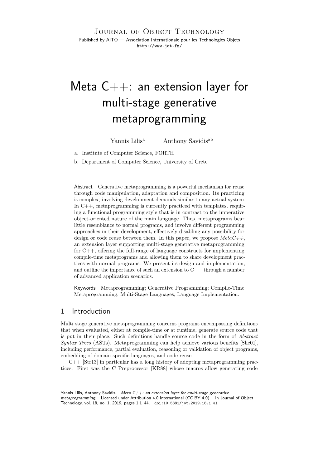 Meta C++: an Extension Layer for Multi-Stage Generative Metaprogramming