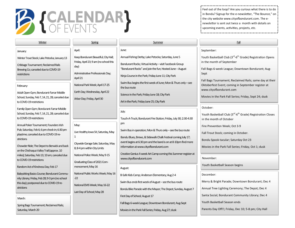 2021 Calendar of Events