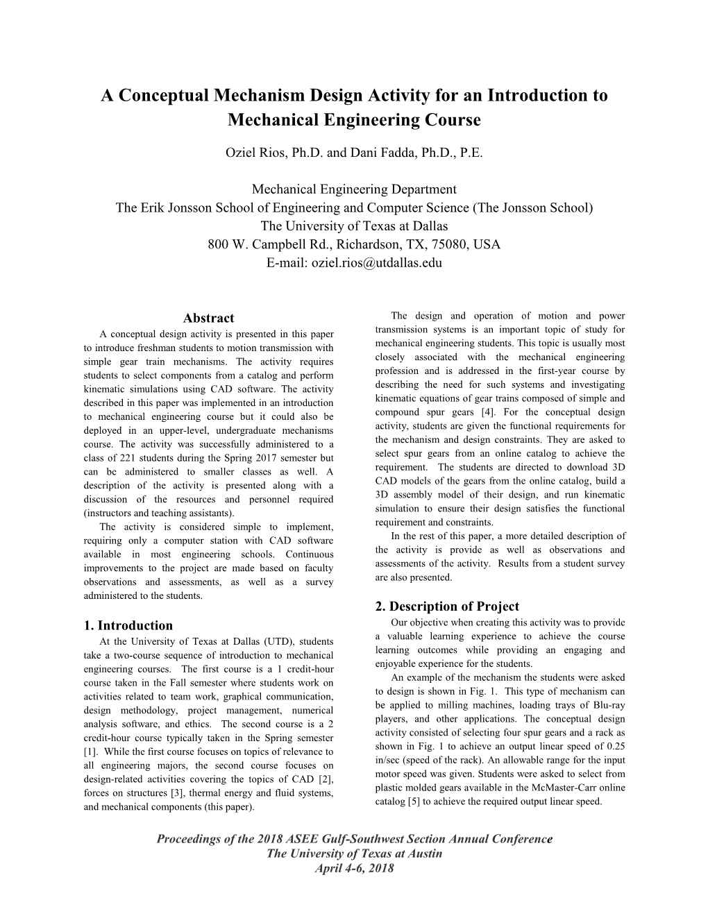 A Conceptual Mechanism Design Activity for an Introduction to Mechanical Engineering Course