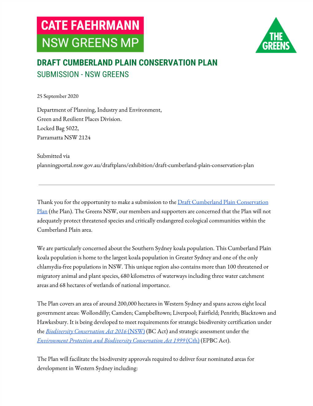 Draft Cumberland Plain Conservation Plan Submission - Nsw Greens