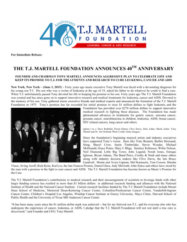 The T.J. Martell Foundation Announces 40Th Anniversary
