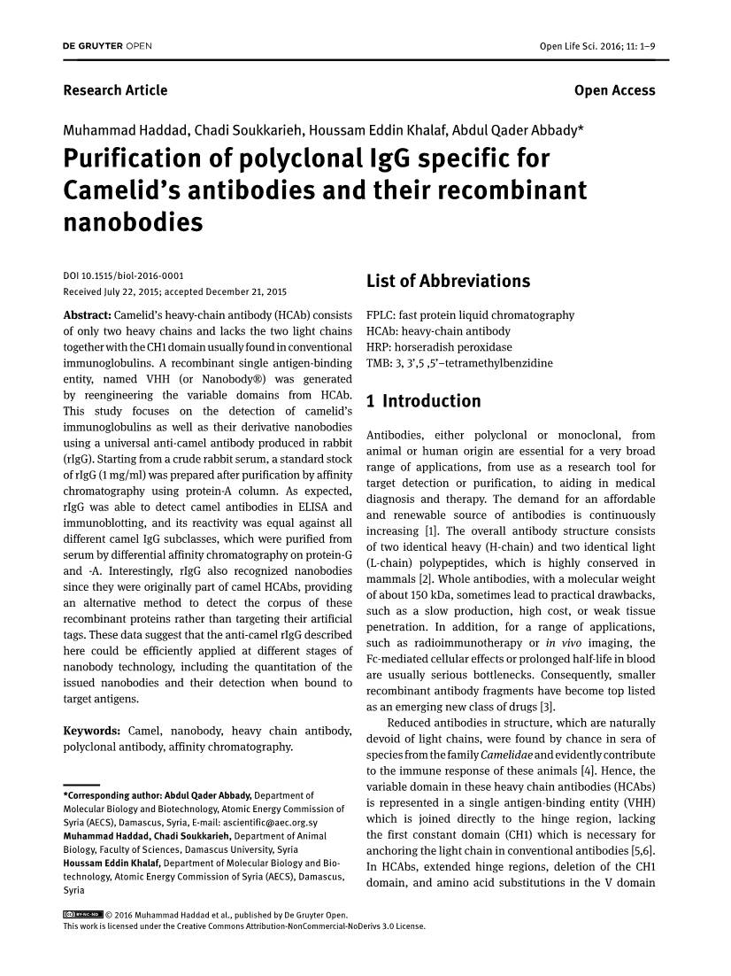 Purification of Polyclonal Igg Specific for Camelid's Antibodies and Their