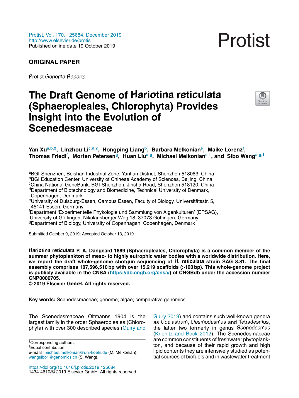 The Draft Genome of Hariotina Reticulata (Sphaeropleales