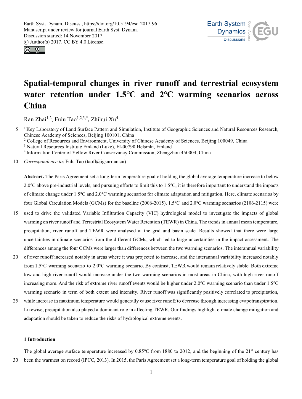 Spatial-Temporal Changes in River Runoff and Terrestrial Ecosystem Water Retention Under 1.5℃ and 2℃ Warming Scenarios Across China