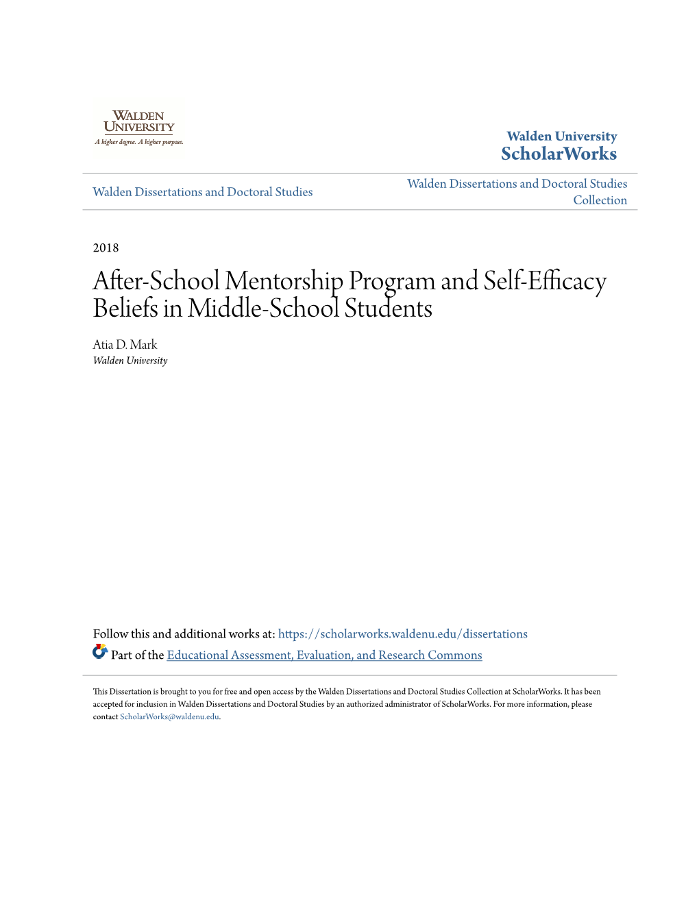 After-School Mentorship Program and Self-Efficacy Beliefs in Middle-School Students Atia D