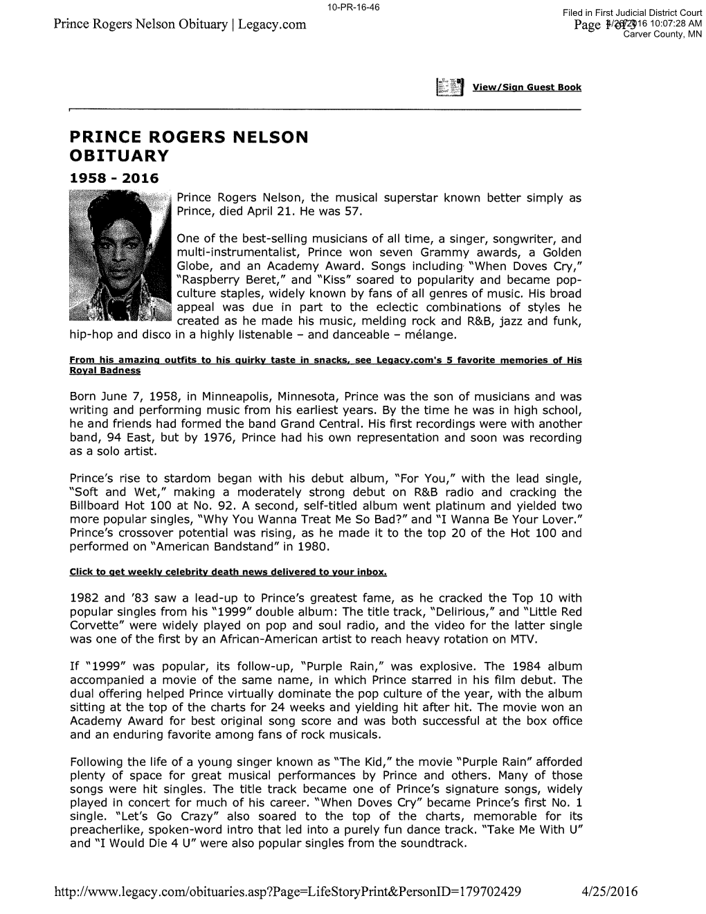 Prince Rogers Nelson Obituary I Legacy.Com Page 4/26/20161 Of3 10:07:28 AM Carver County, MN