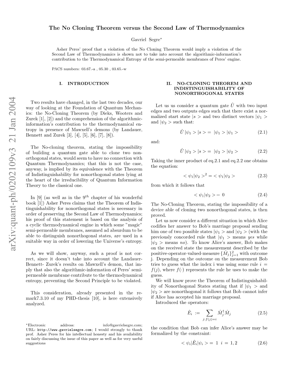 The No Cloning Theorem Versus the Second Law of Thermodynamics