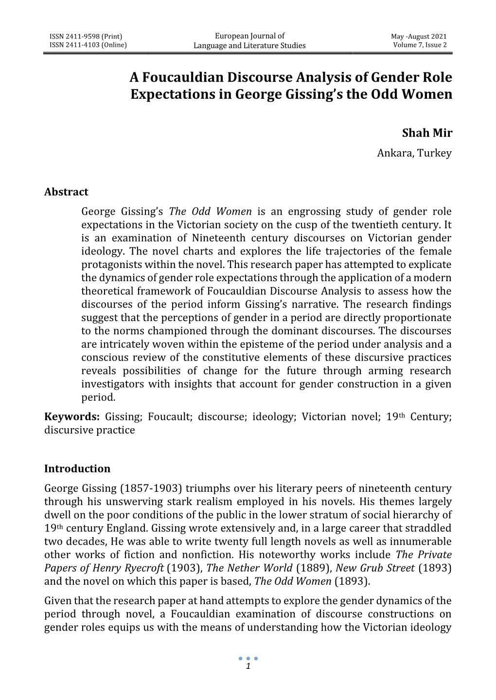 A Foucauldian Discourse Analysis of Gender Role Expectations in George Gissing’S the Odd Women
