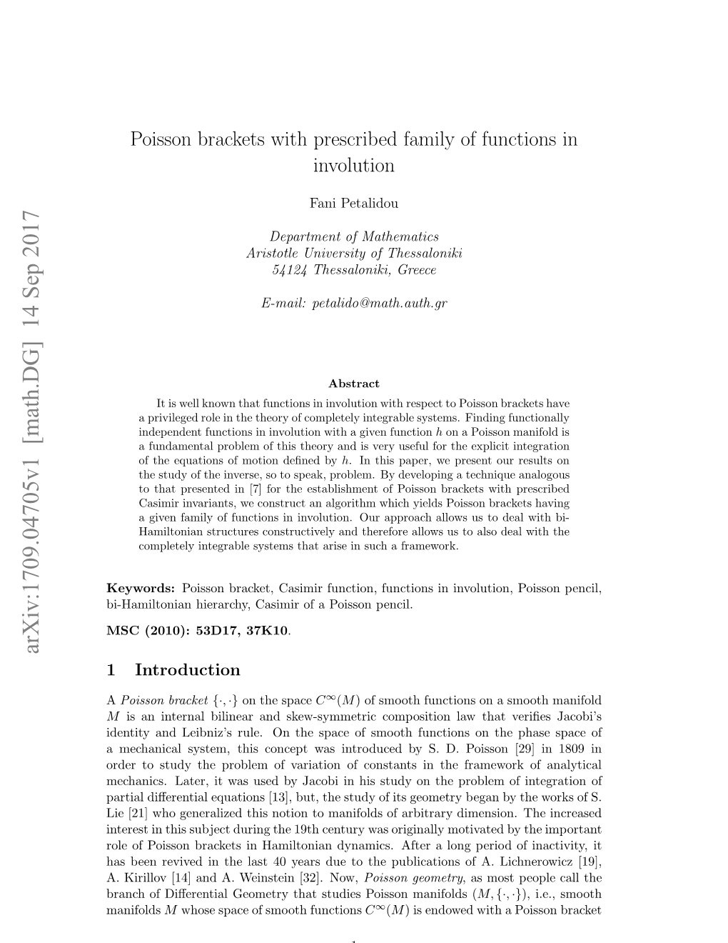 Poisson Brackets with Prescribed Family of Functions in Involution