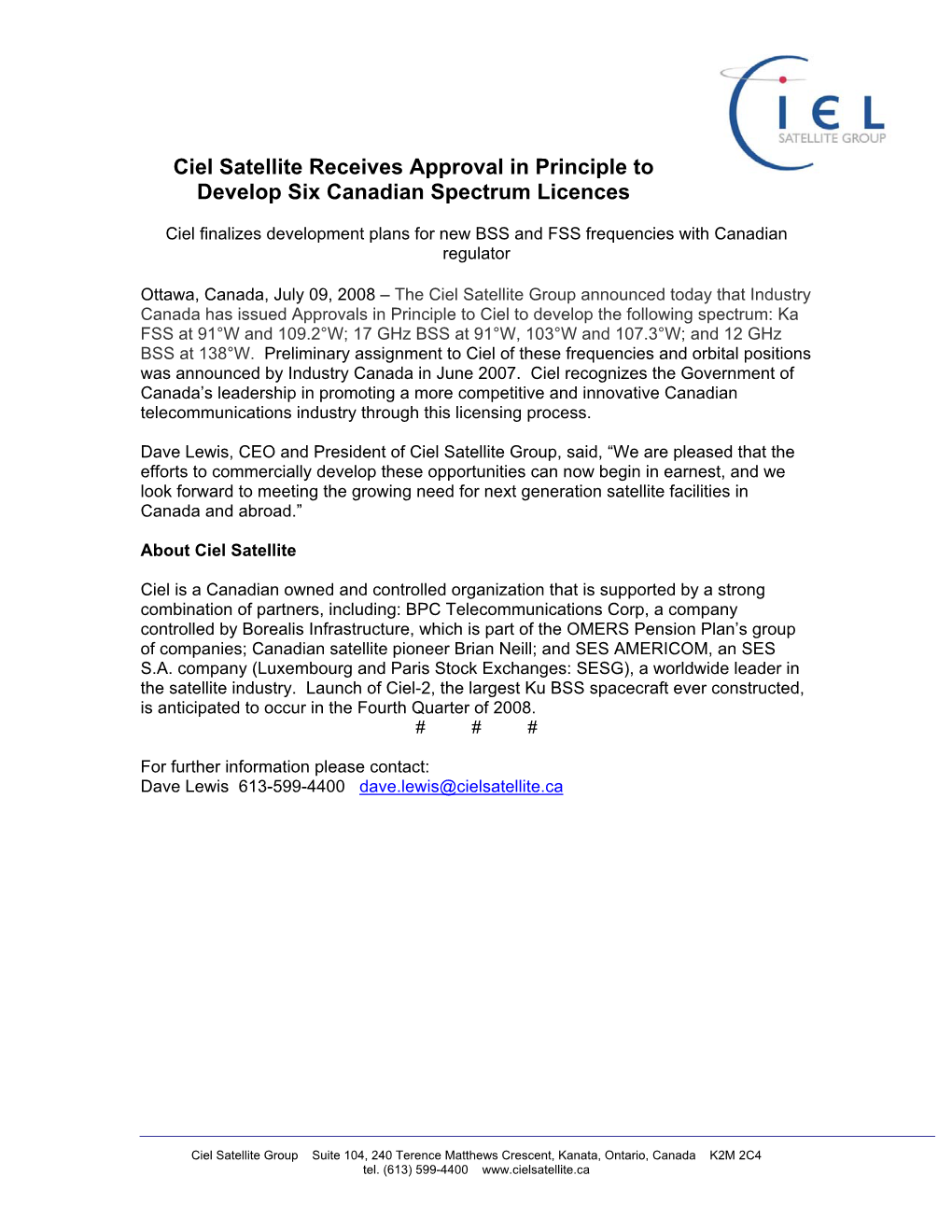 Ciel Satellite Receives Approval in Principle to Develop Six Canadian Spectrum Licences