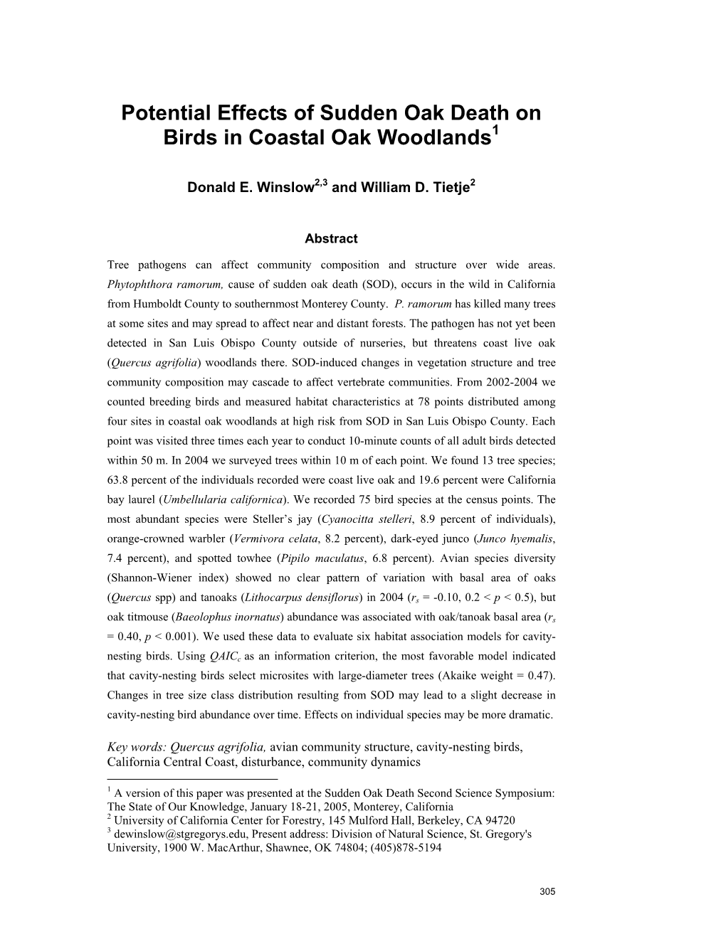 Potential Effects of Sudden Oak Death on Birds in Coastal Oak Woodlands1