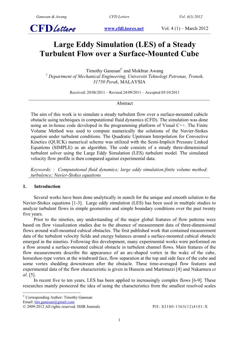 Large Eddy Simulation (LES) of a Steady Turbulent Flow Over a Surface-Mounted Cube
