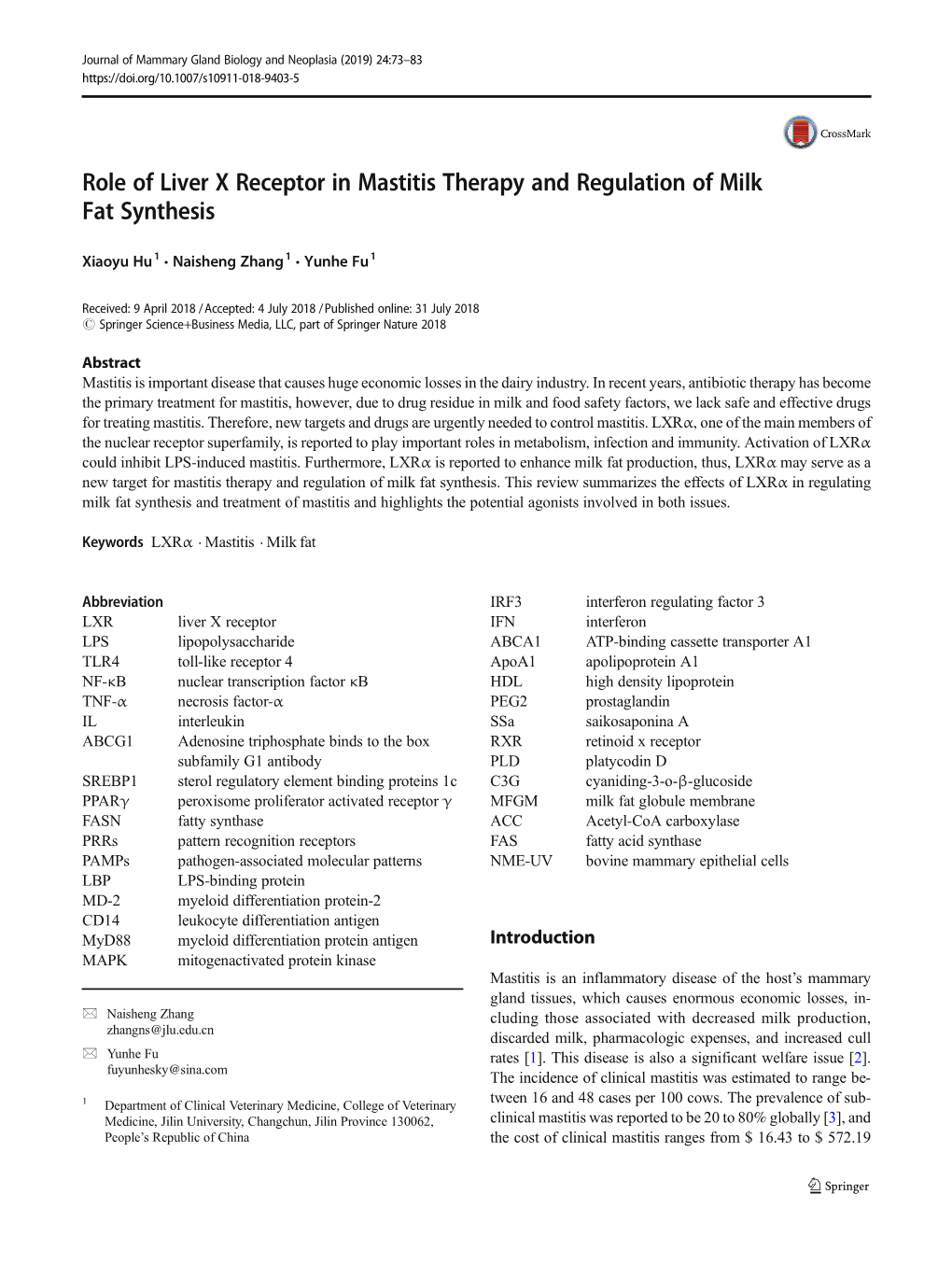 Role of Liver X Receptor in Mastitis Therapy and Regulation of Milk Fat Synthesis