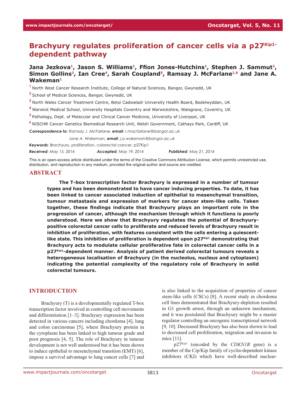 Brachyury Regulates Proliferation of Cancer Cells Via a P27kip1- Dependent Pathway