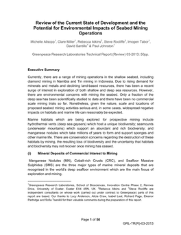 Review of the Current State of Development and the Potential for Environmental Impacts of Seabed Mining Operations