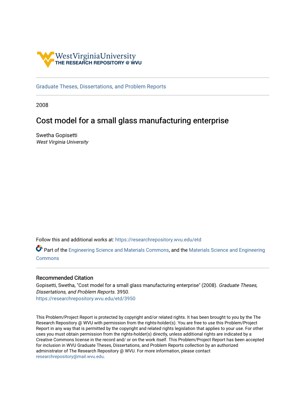 Cost Model for a Small Glass Manufacturing Enterprise