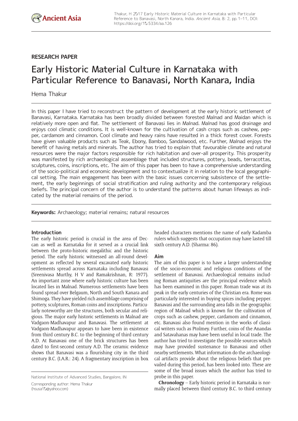 Early Historic Material Culture in Karnataka with Particular Ancient Asia Reference to Banavasi, North Kanara, India