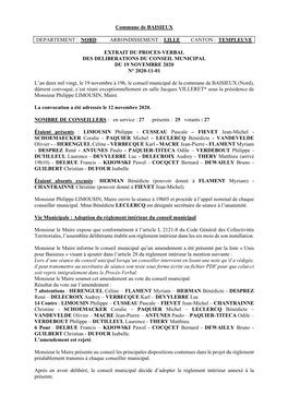 Commune De BAISIEUX DEPARTEMENT : NORD ARRONDISSEMENT : LILLE CANTON : TEMPLEUVE EXTRAIT DU PROCES-VERBAL DES DELIBERATIONS D
