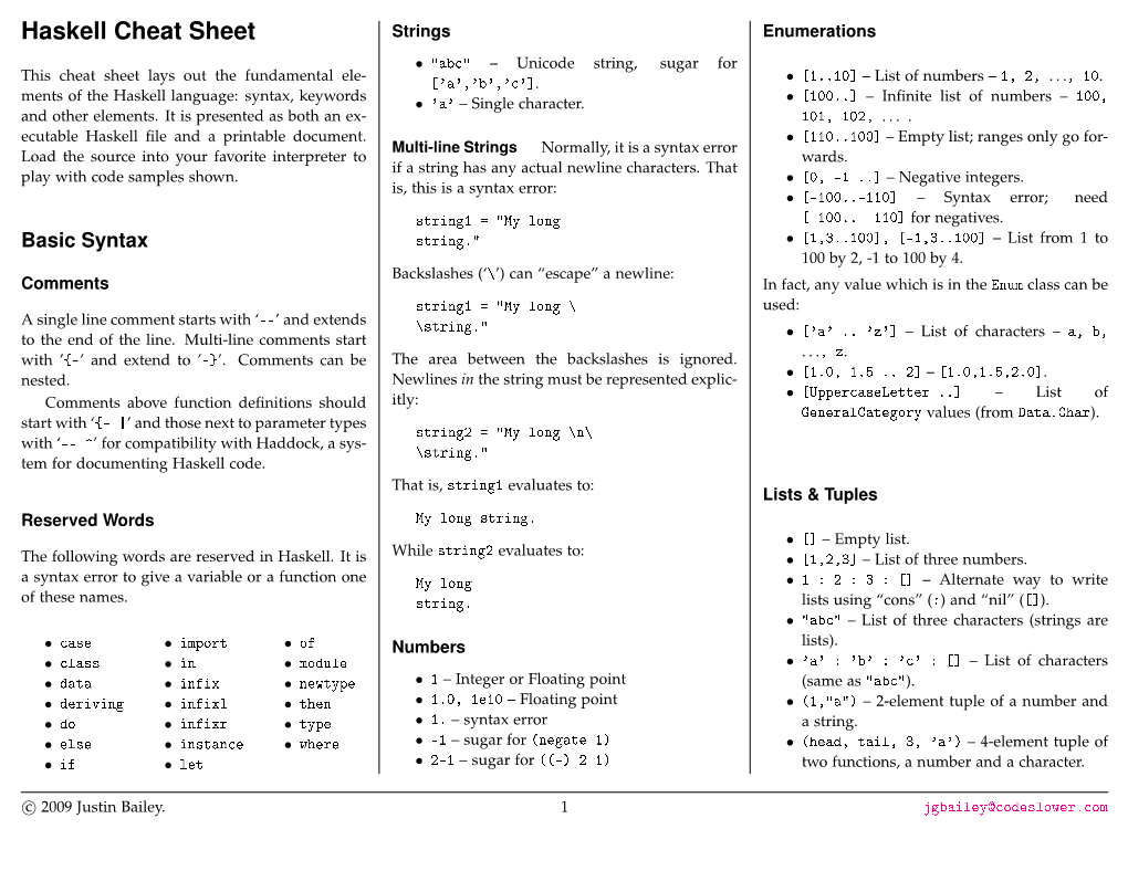 Haskell Cheat Sheet Strings Enumerations • 