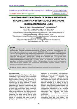 IN-VITRO CYTOTOXIC ACTIVITY of SKIMMIA ANQUETILIA TAYLOR & AIRY SHAW ESSENTIAL OILS on VARIOUS HUMAN CANCER CELL LINES Tareq A