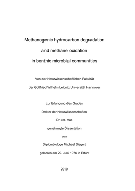 Methanogenic Hydrocarbon Degradation and Methane Oxidation in Benthic Microbial Communities” Supervisors Were Dr