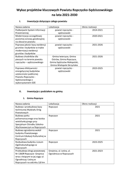 Wykaz Projektów Kluczowych Powiatu Ropczycko-Sędziszowskiego Na Lata 2021-2030