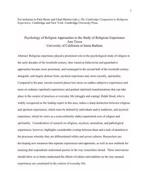 Psychology of Religion Approaches to the Study of Religious Experience Ann Taves University of California at Santa Barbara