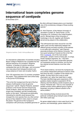 International Team Completes Genome Sequence of Centipede 25 November 2014