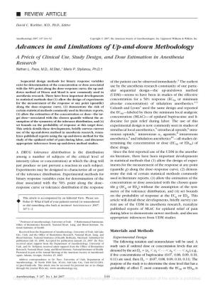 Advances in and Limitations of Up-And-Down Methodology a Pre´Cis of Clinical Use, Study Design, and Dose Estimation in Anesthesia Research Nathan L