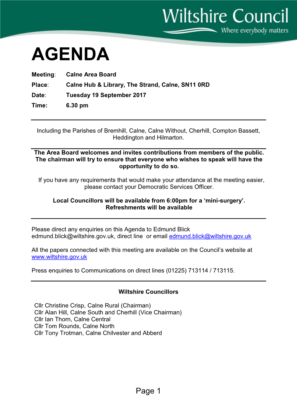 (Public Pack)Agenda Document for Calne Area Board, 19/09/2017 18:30