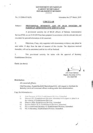 Provisional Seniority List of Bs-20 Officers of Pakistan Administrative Service (Pas)