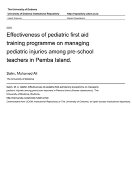 Effectiveness of Pediatric First Aid Training Programme on Managing Pediatric Injuries Among Pre-School Teachers in Pemba Island