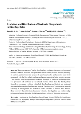 Evolution and Distribution of Saxitoxin Biosynthesis in Dinoflagellates