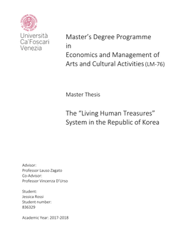 Master's Degree Programme in Economics and Management of Arts and Cultural Activities(LM-76) the “Living Human Treasures”