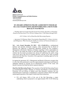 Icl Board Approves Frame Agreement for Dead Sea Salt Harvesting Responsibilities and Future Royalty Payments