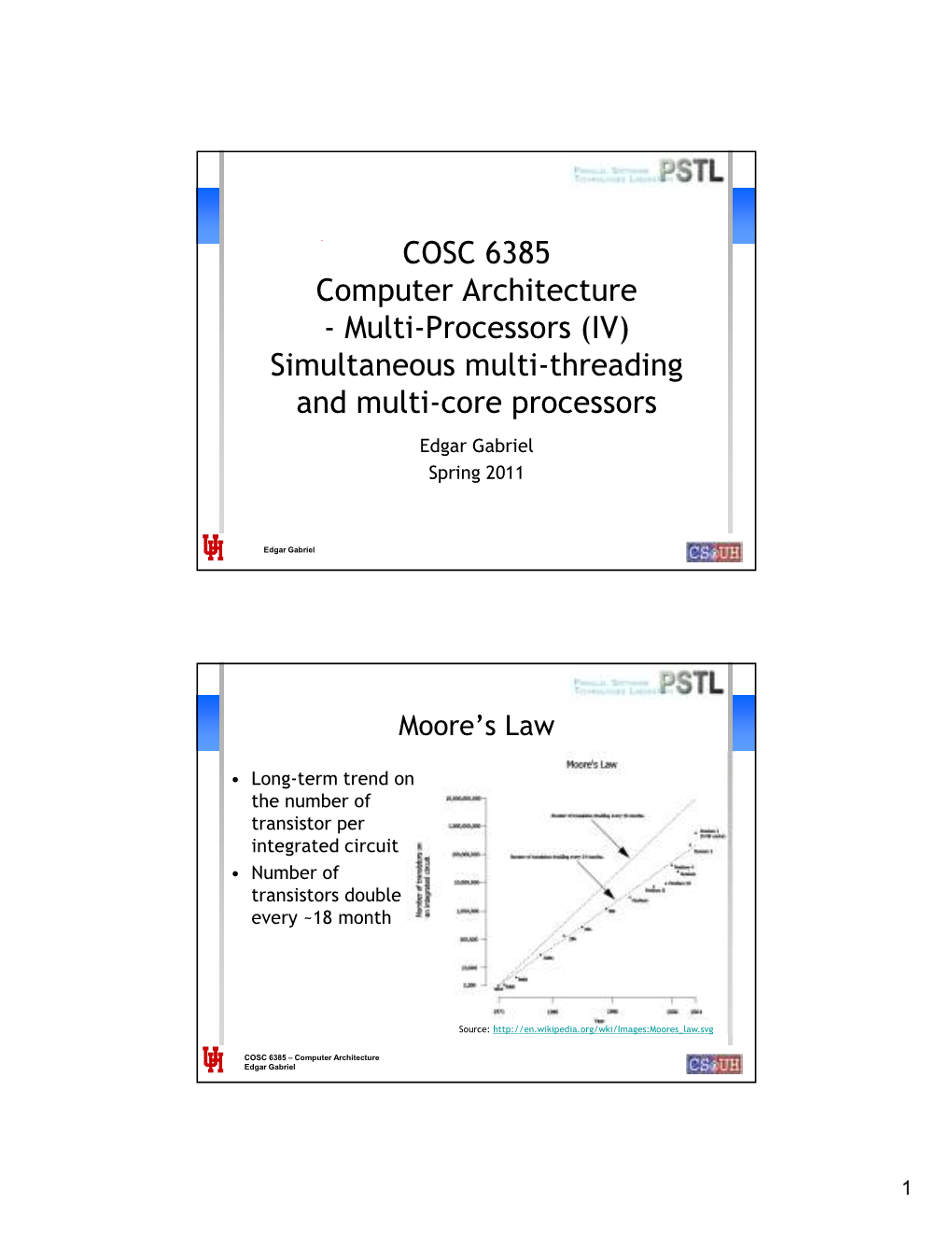 COSC 6385 Computer Architecture - Multi-Processors (IV) Simultaneous Multi-Threading and Multi-Core Processors Edgar Gabriel Spring 2011