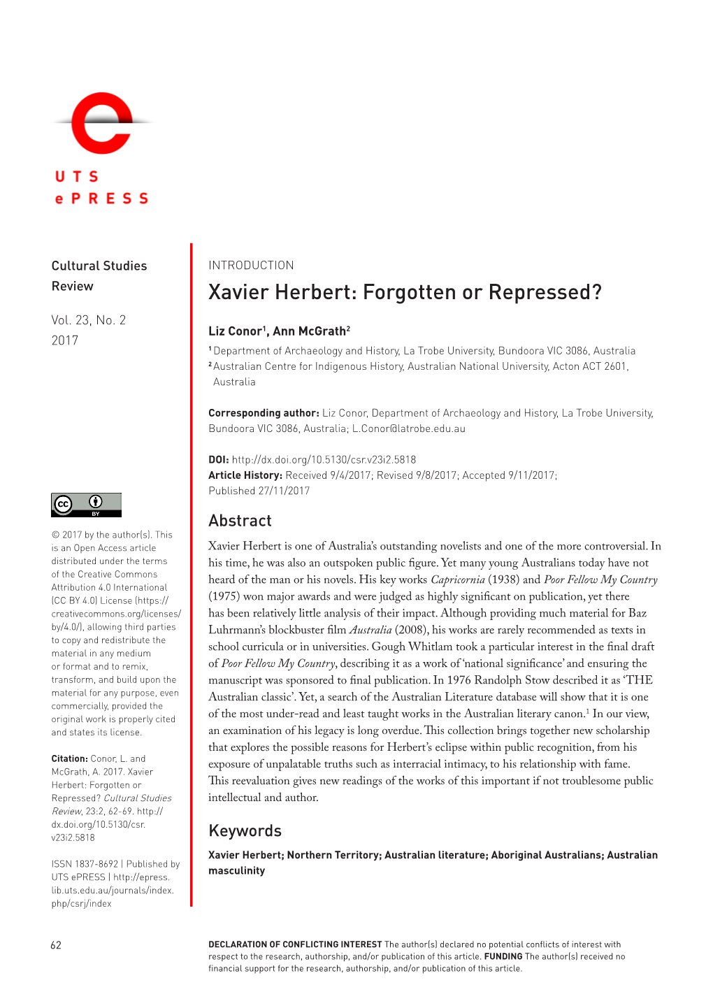 Xavier Herbert: Forgotten Or Repressed? Vol