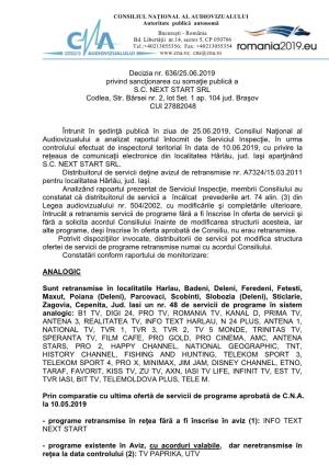 Decizia Nr. 636/25.06.2019 Privind Sancţionarea Cu Somaţie Publică a S.C