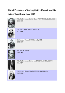 List of Presidents of the Legislative Council and His Date of Presidency Since 1843