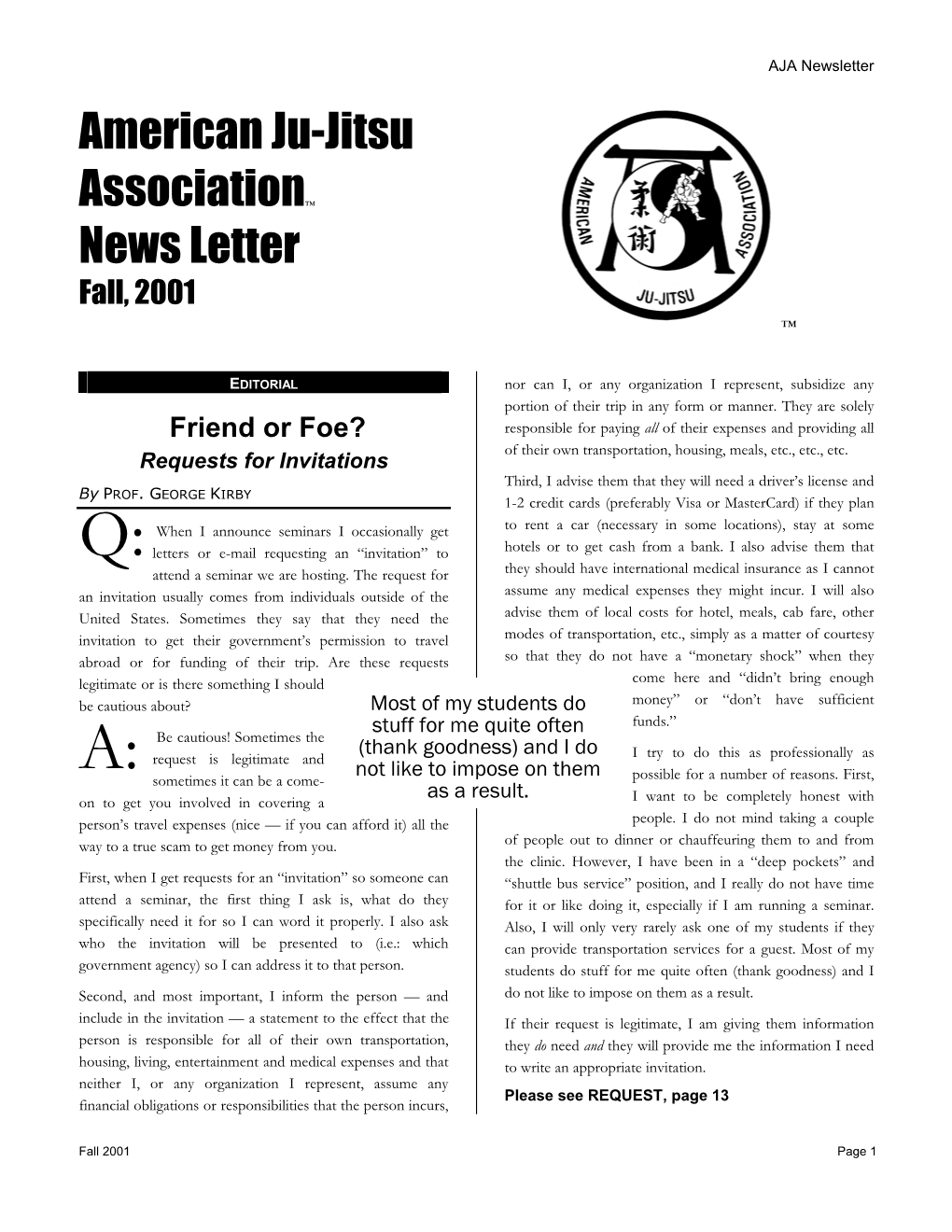 October, 2001 AJA Newsletter