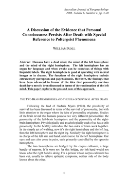 A Discussion of the Evidence That Personal Consciousness Persists After Death with Special Reference to Poltergeist Phenomena