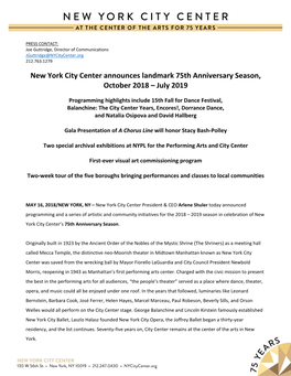 New York City Center Announces Landmark 75Th Anniversary Season, October 2018 – July 2019