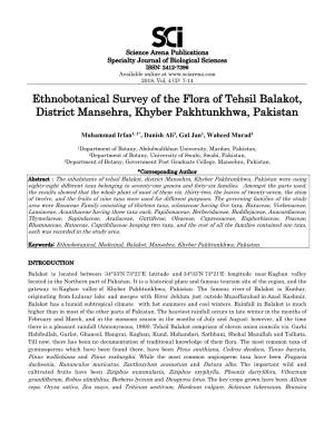 Ethnobotanical Survey of the Flora of Tehsil Balakot, District Mansehra, Khyber Pakhtunkhwa, Pakistan