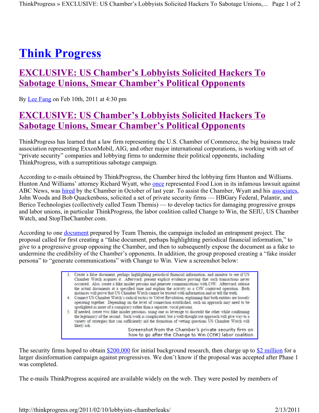 Think Progress EXCLUSIVE: US Chamber’S Lobbyists Solicited Hackers to Sabotage Unions, Smear Chamber’S Political Opponents