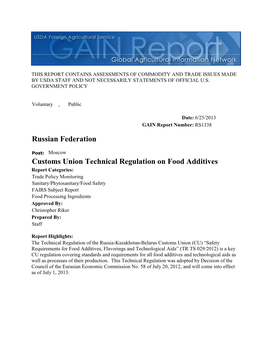 Customs Union Technical Regulation on Food Additives Russian