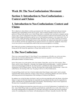 Week 18: the Neo-Confucianism Movement Section 1: Introduction to Neo-Confucianism – Context and Claims 1