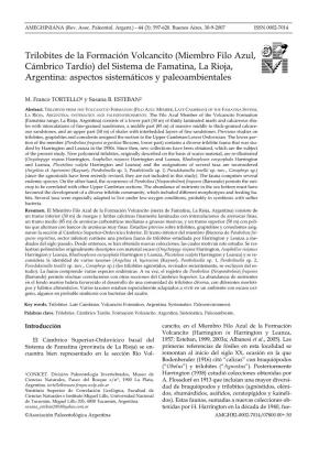 Trilobites De La Formación Volcancito (Miembro Filo Azul, Cámbrico Tardío) Del Sistema De Famatina, La Rioja, Argentina: Aspectos Sistemáticos Y Paleoambientales