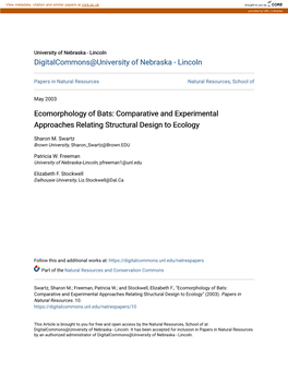 Ecomorphology of Bats: Comparative and Experimental Approaches Relating Structural Design to Ecology