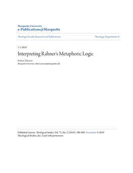 Interpreting Rahner's Metaphoric Logic Robert Masson Marquette University, Robert.Masson@Marquette.Edu