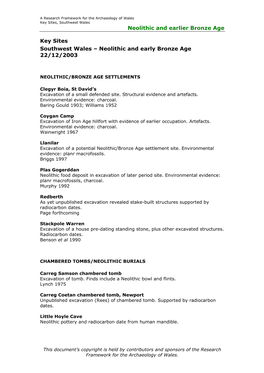 Neolithic and Earlier Bronze Age Key Sites Southwest Wales